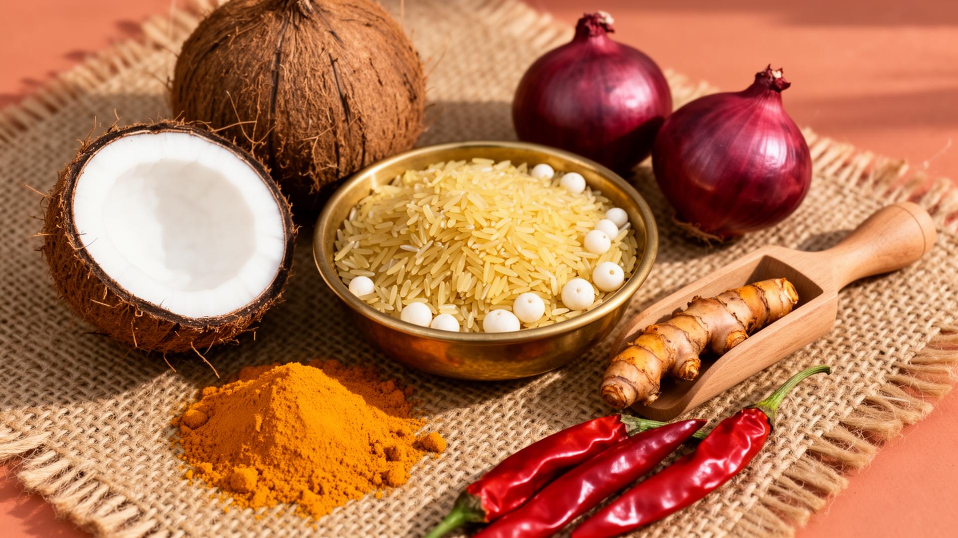 Indian export agricultural commodities — coconut, basmati rice, makhana, turmeric, onion and red chilli arranged on jute